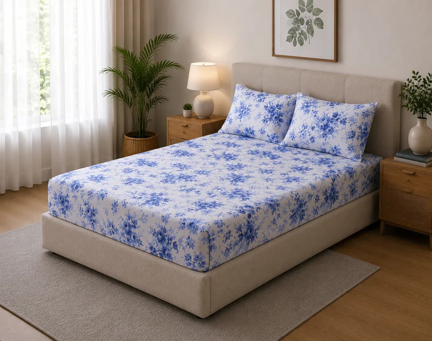 Elegant Blue Floral Bedsheet Set with Pillow Covers – 180cm × 2m