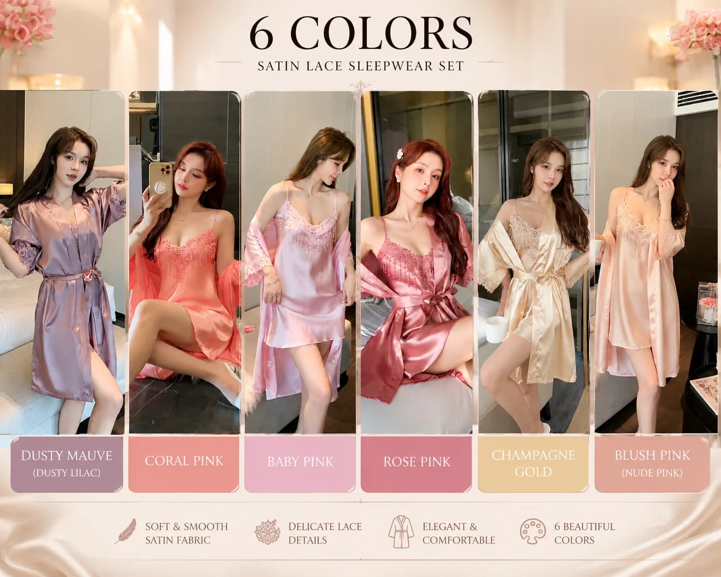 6-Piece Satin Lace Sleepwear Set for Women