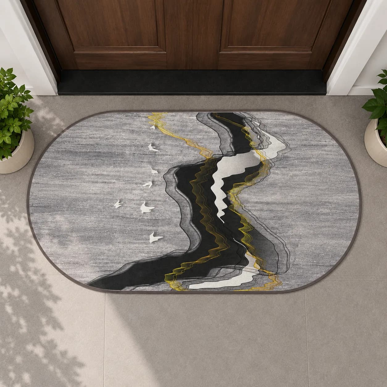 Modern Abstract Oval Entrance Floor Mat – Grey, Black & Gold