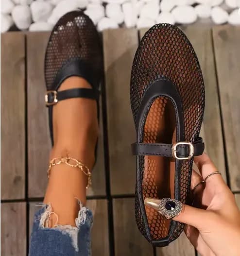 Women Pu Leather Mesh Ballet Falt Shoes Summer