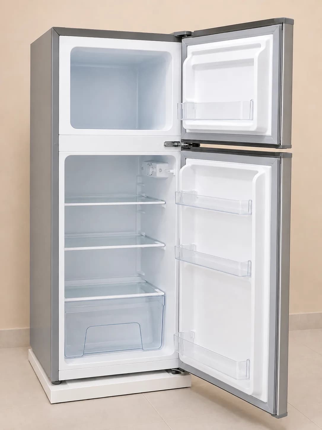 Silver Double-Door Refrigerator with Top Freezer