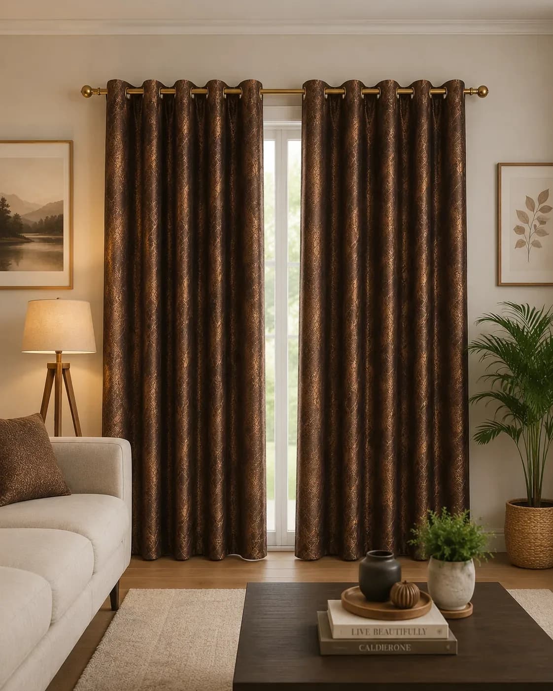Elegant Bronze Patterned Curtains – 2pcs Set 1.5M width and 2.5 Length