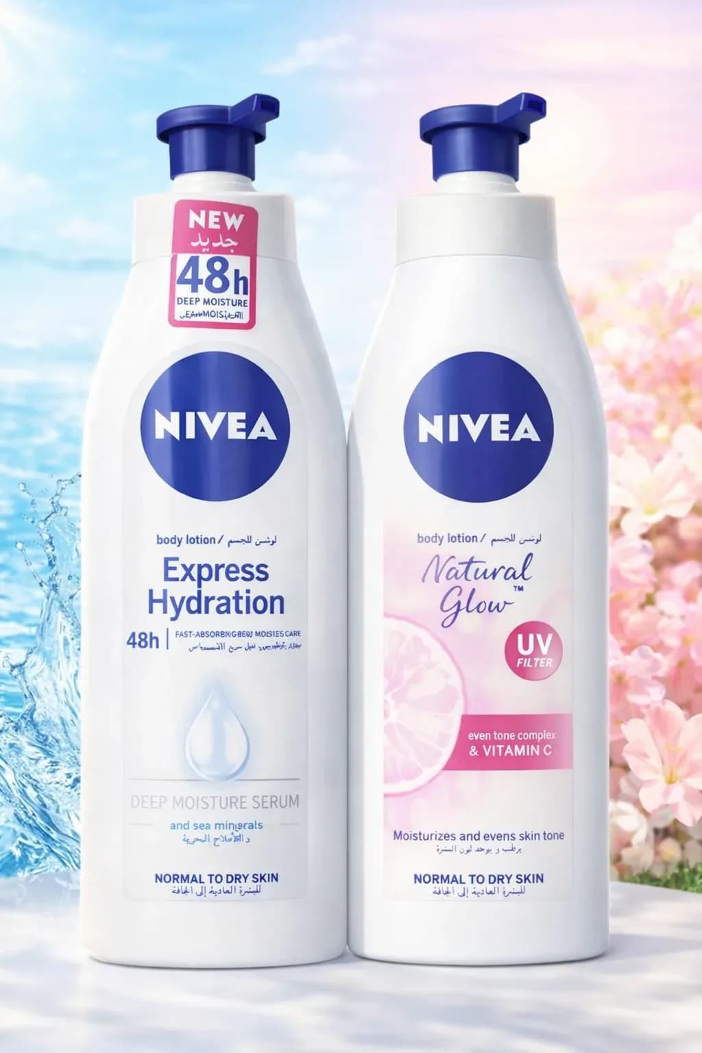 NIVEA Body Lotion Set – Express Hydration (48h Moisture) & Natural Glow (Vitamin C + UV Filter)
