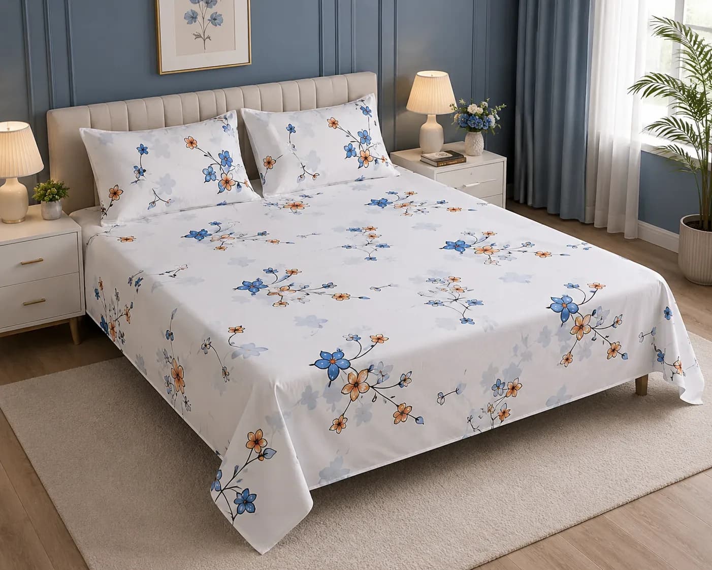 Elegant Blue Floral Bedsheet Set with Pillow Covers – 2 Meter
