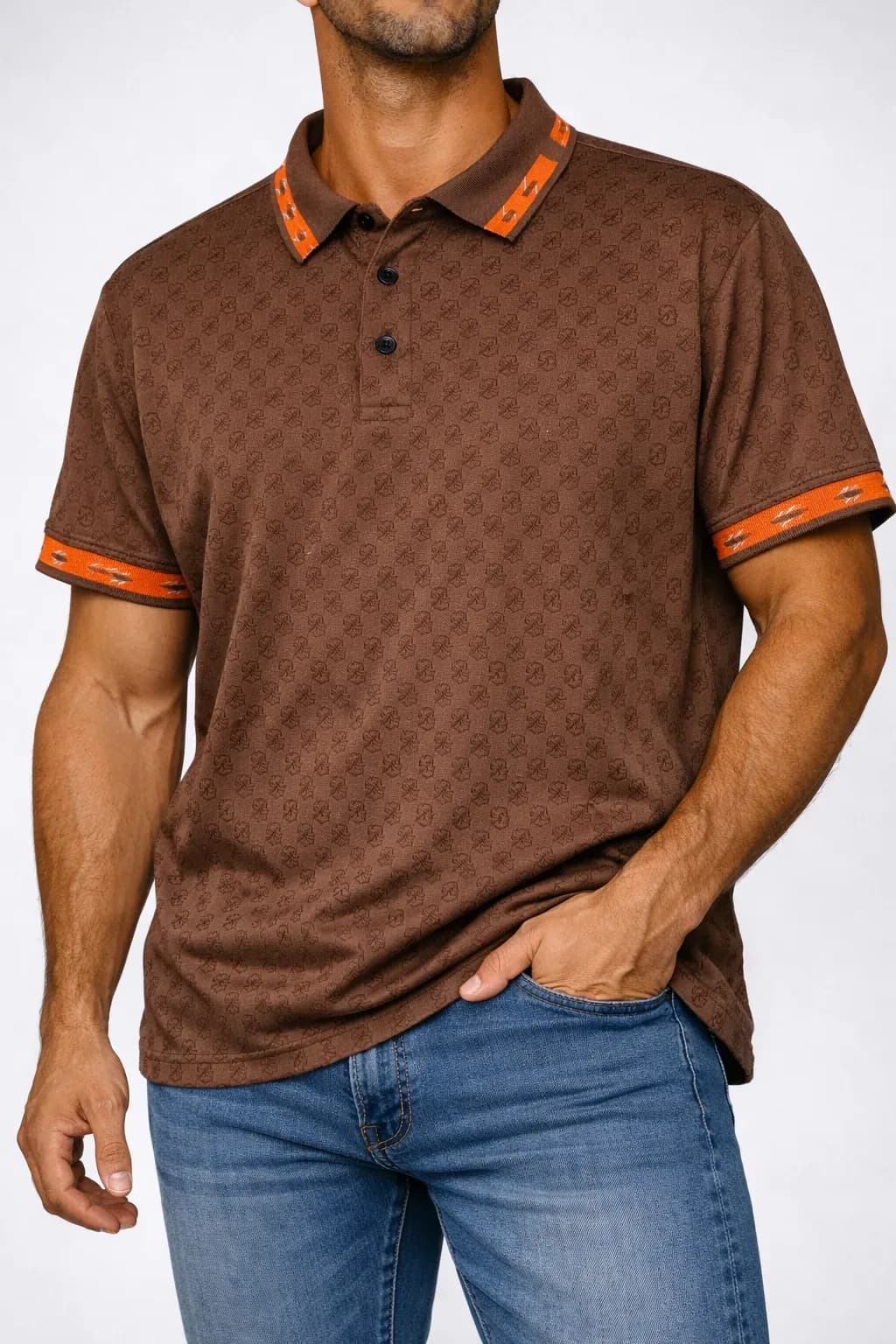 Men’s Patterned Brown Polo Shirt with Contrast Collar