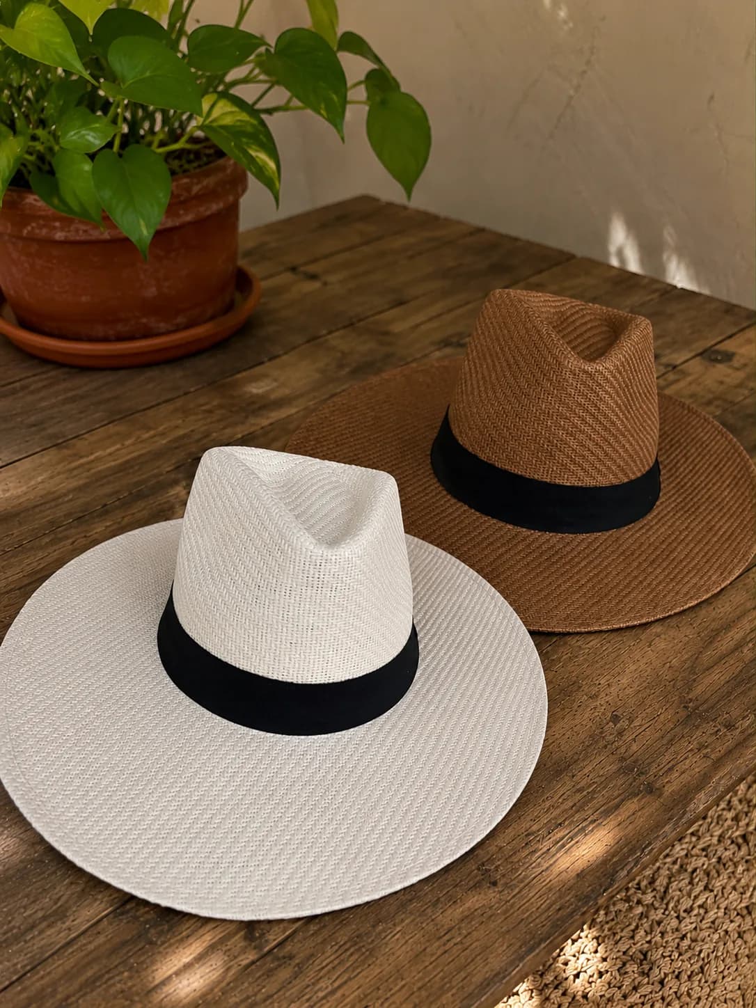 Wide Brim Straw Sun Hat with Black Ribbon Band