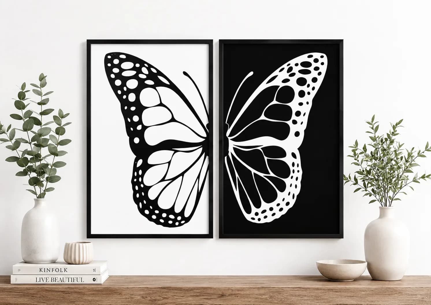 Modern Butterfly Wing Wall Art Frame Set A2 & A3 – Black & White Duo