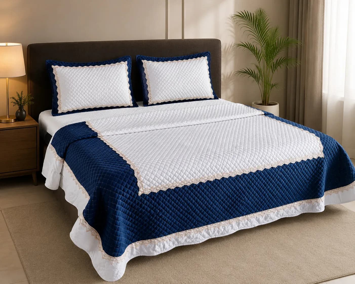 Luxury Quilted Blue & White Bedspread Set 2Meter