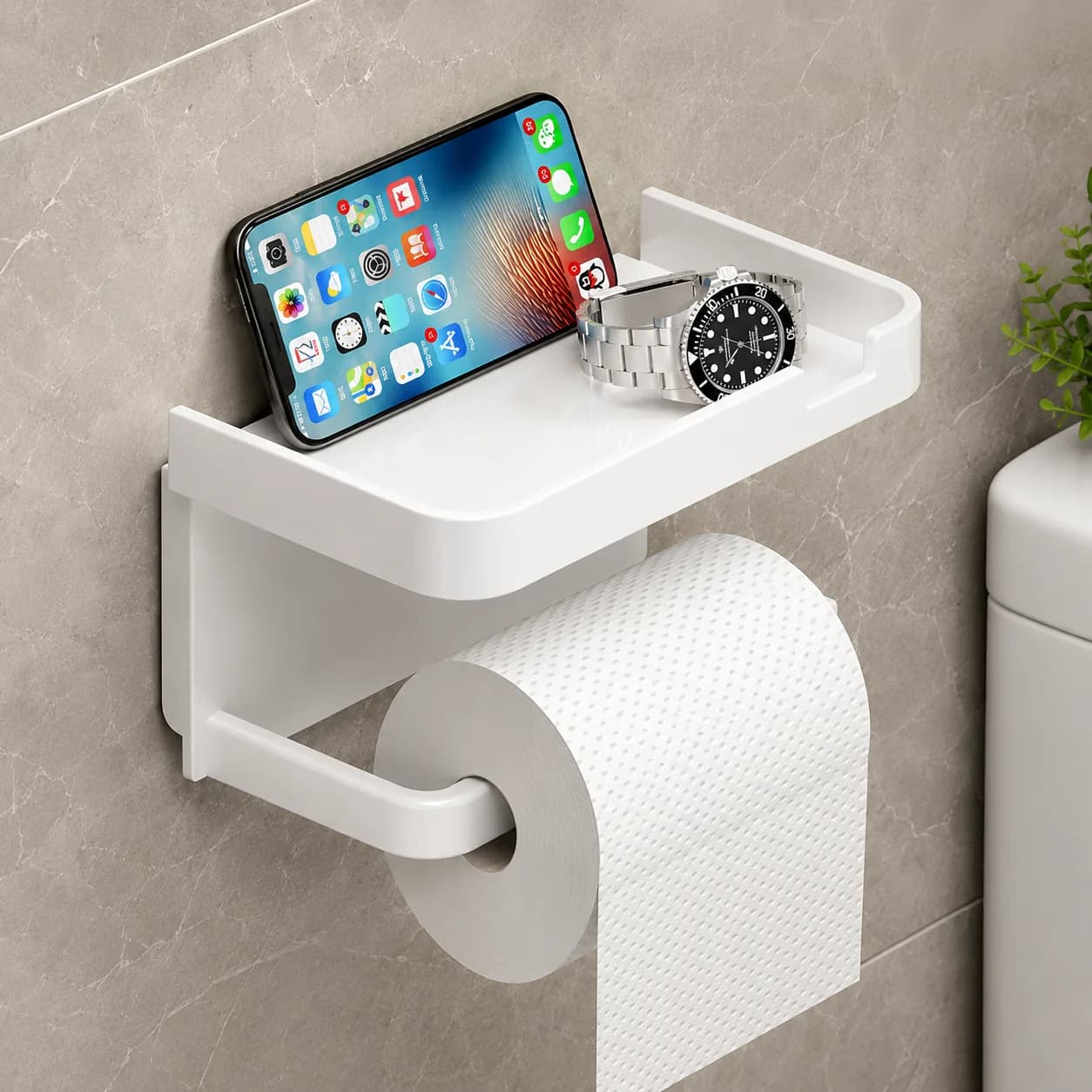 Plastic Wall-Mounted Bathroom Shelf & Toilet Paper Holder with Adhesive Mounting Pad