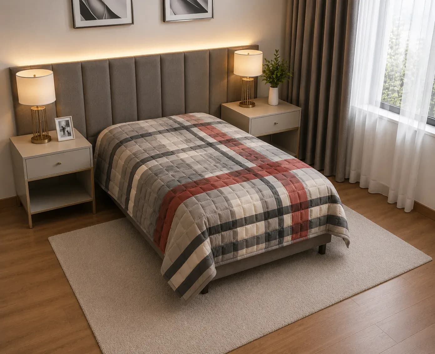 Modern Plaid Quilted Bedcover – Grey, Cream & Rust Red (120cm × 140cm)