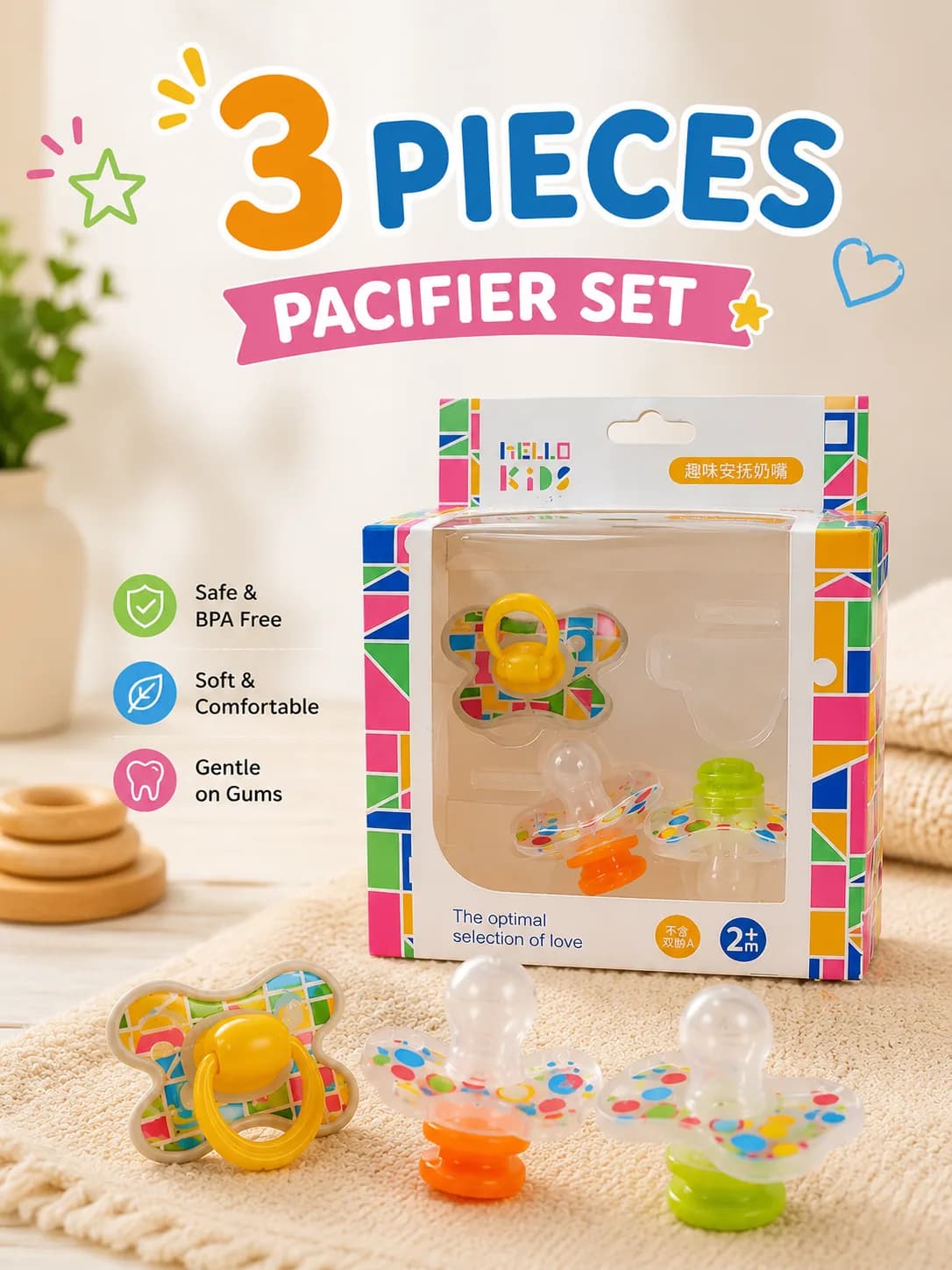 3-Piece Baby Silicone Pacifier Set