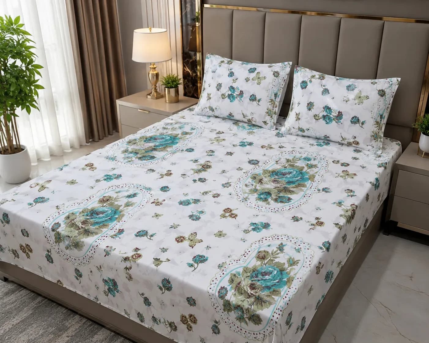 Elegant Turquoise Floral Bedsheet Set – 180cm × 2m