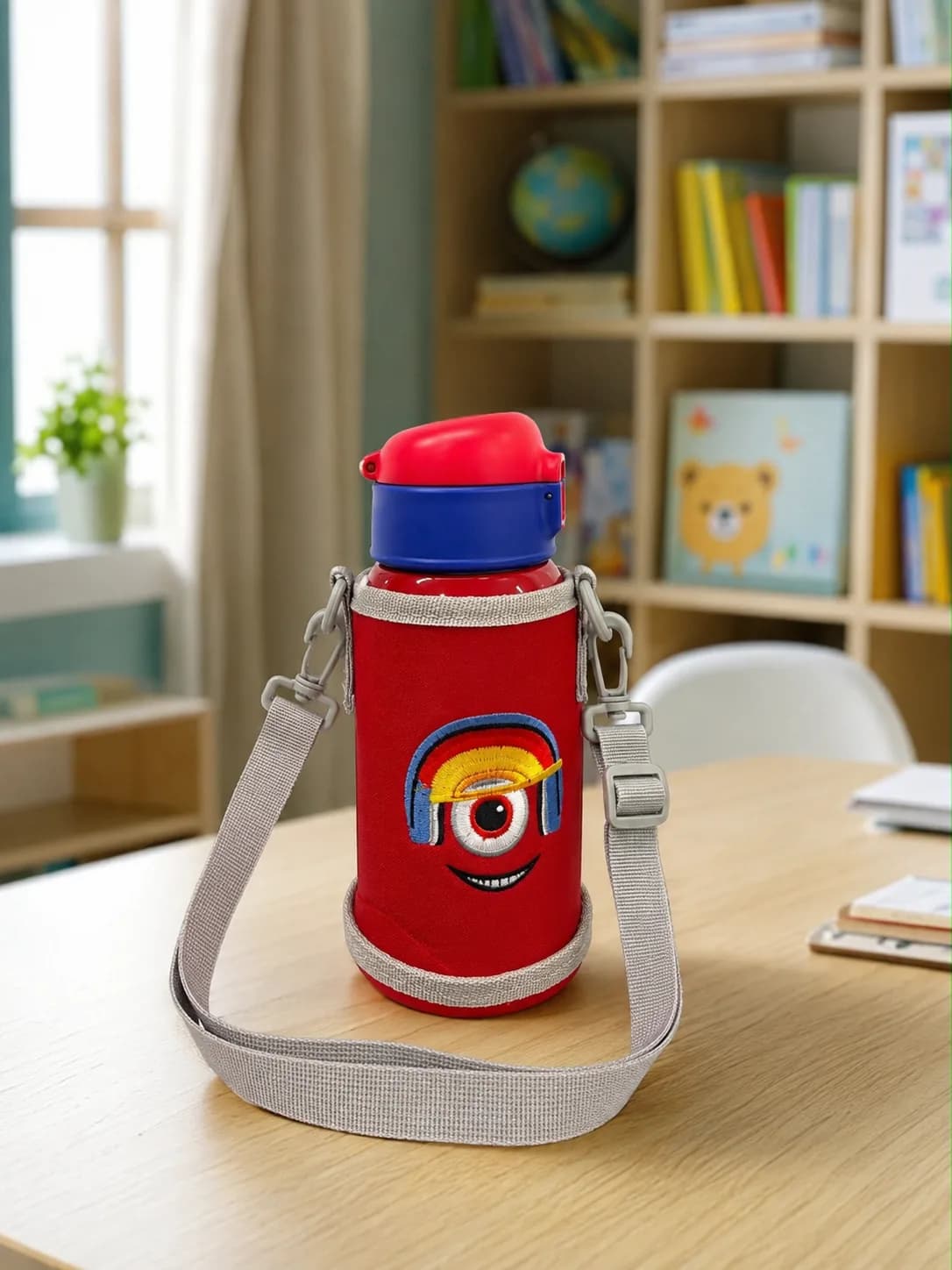 Kids Insulated Stainless Steel Water Bottle with Adjustable Shoulder Strap (Red)