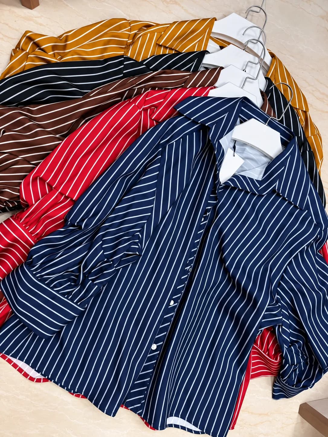 Striped Oversized Button-Up Shirt For Navy Blue | Red | Chocolate Brown | Black | Mustard Yellow
