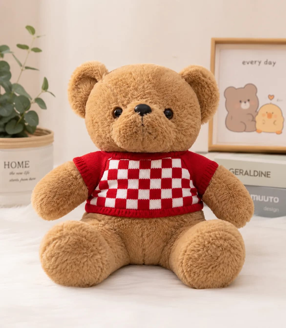 Cute Teddy Bear Plush Toy with Red Checkered Sweater