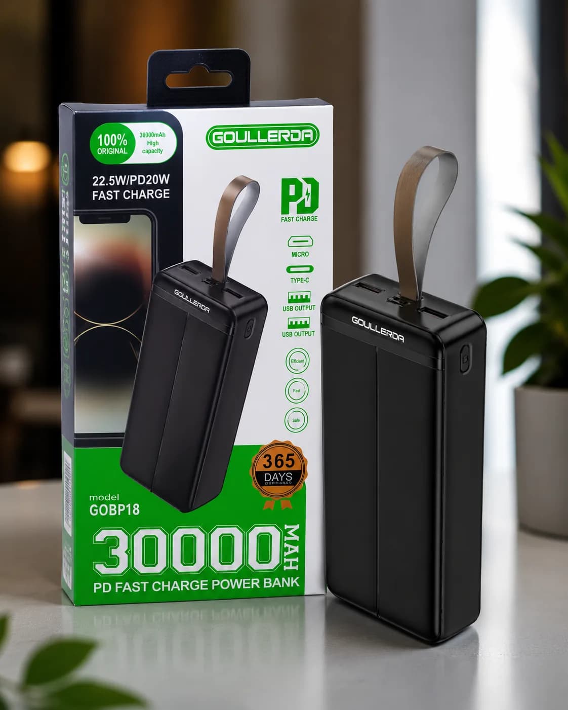 GOULLERDA 30000mAh PD Fast Charge Power Bank (22.5W PD20W) – Dual USB & Type-C
