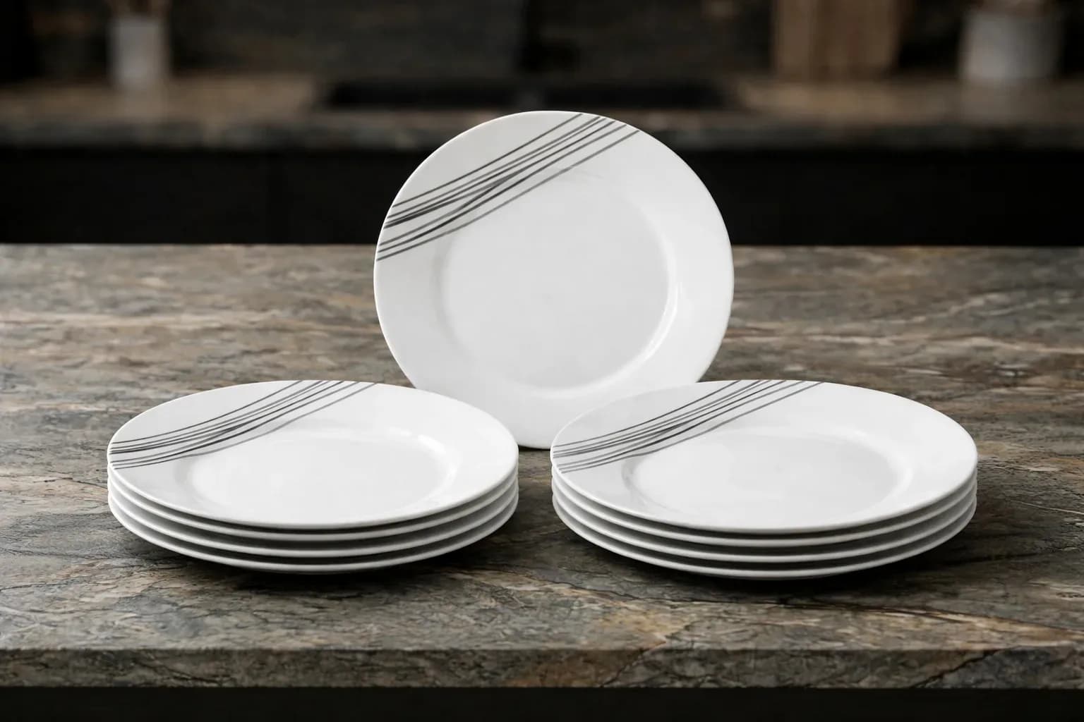 12-Piece Elegant White Ceramic plates Set with Stripe Design