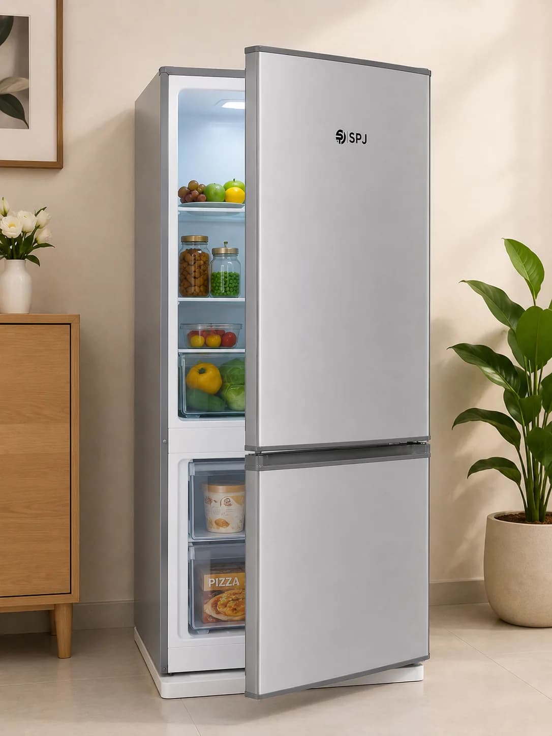 SPJ Silver Two-Door Refrigerator with Bottom Freezer