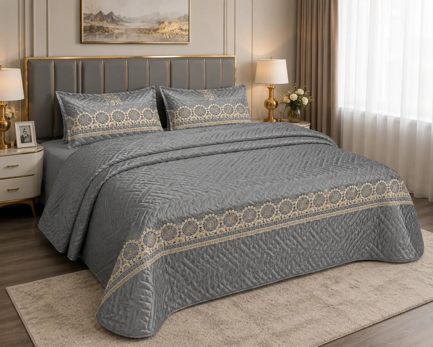 Luxury Quilted Bedcover Set with Elegant Lace Pillow Covers – Grey 2m × 2m (200cm × 200cm)