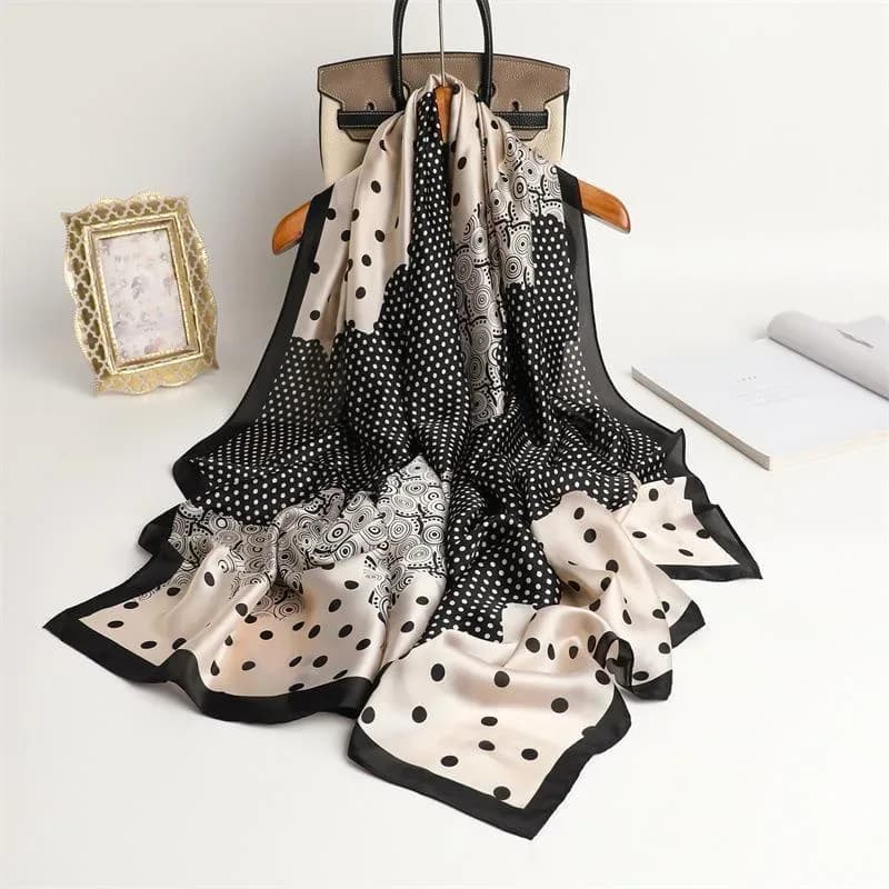 Elegant Polka Dot & Patchwork Silk-Style Scarf