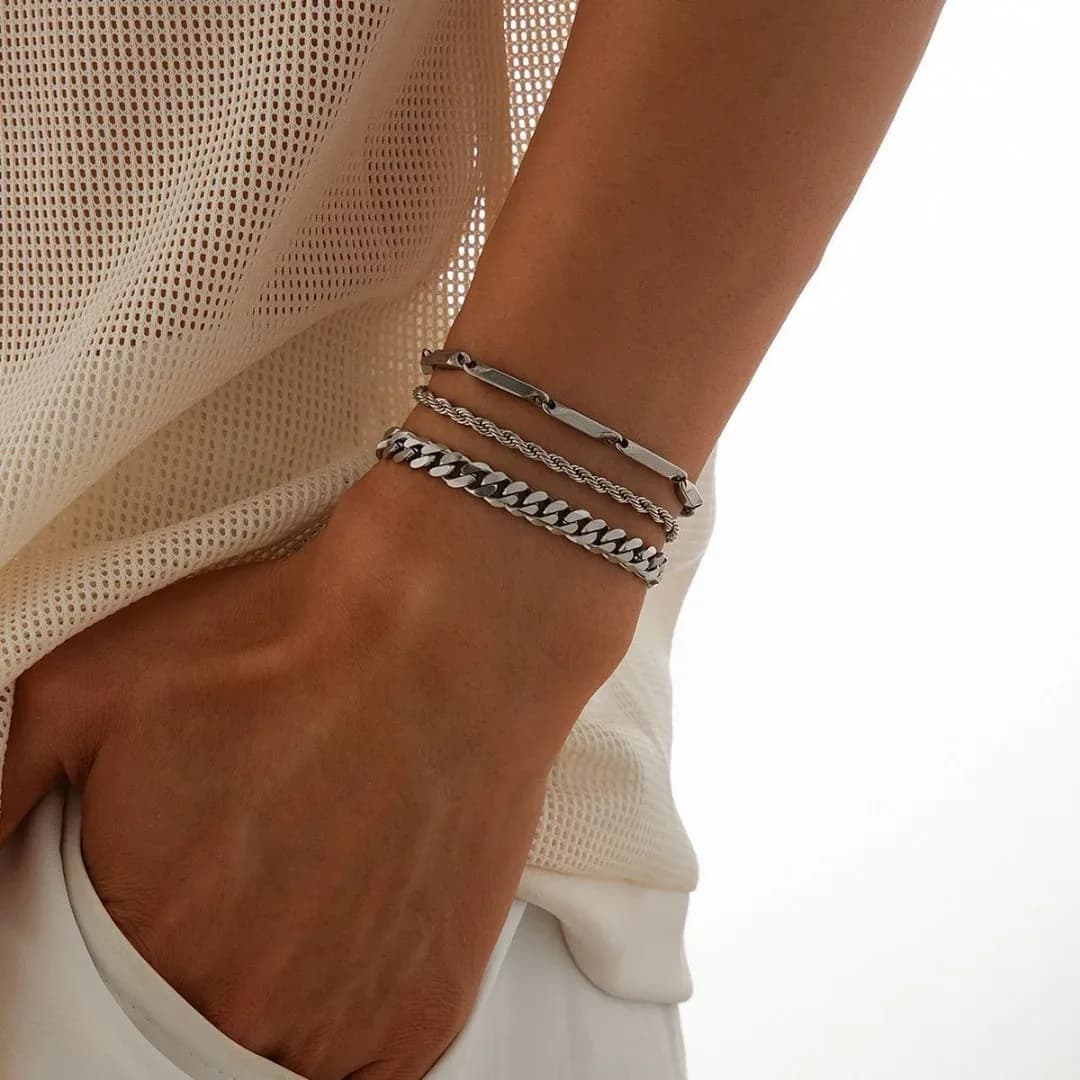 3pcs Set Men’s Stainless Steel Simple Fashion Chain Bracelet, For Daily Wear
