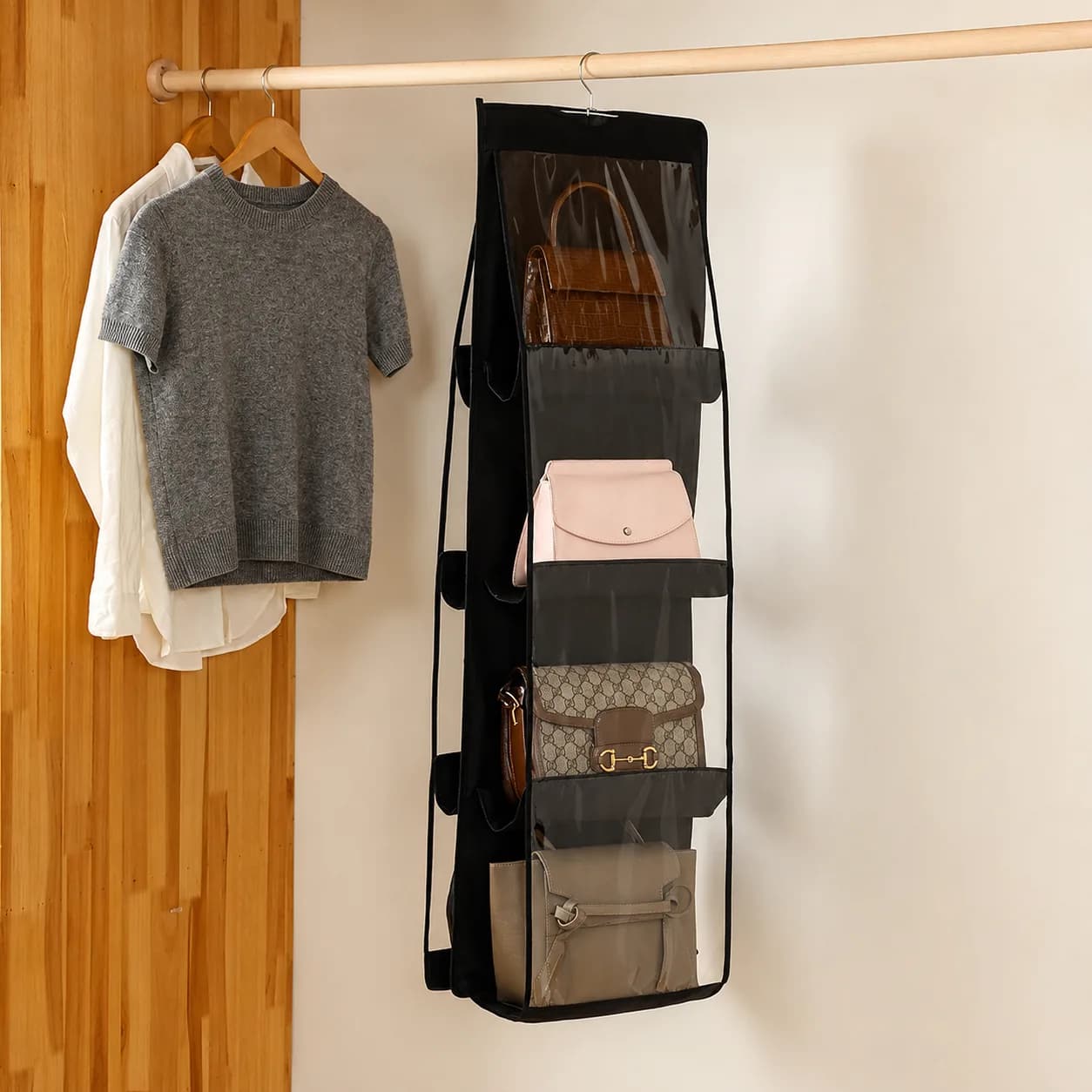 Hanging Closet Organizer with Clear Pockets – 6 & 8 Compartments (Black & Gray)