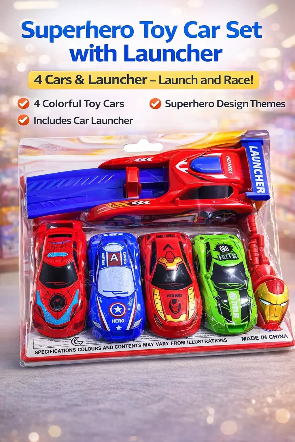 Superhero Toy Car Set with Launcher – 4 Cars Racing Pack