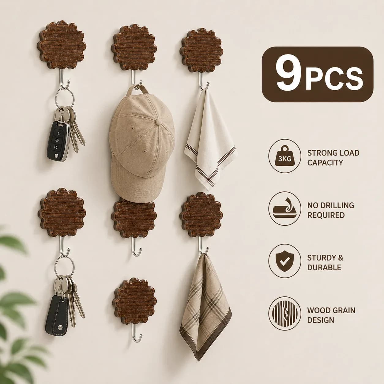 9pcs Wood Style Adhesive Wall Hooks Set