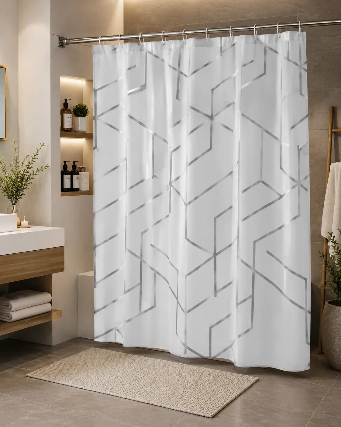 Modern Geometric Waterproof PEVA Shower Curtain Set (13 Pieces) – 71 in × 71 in