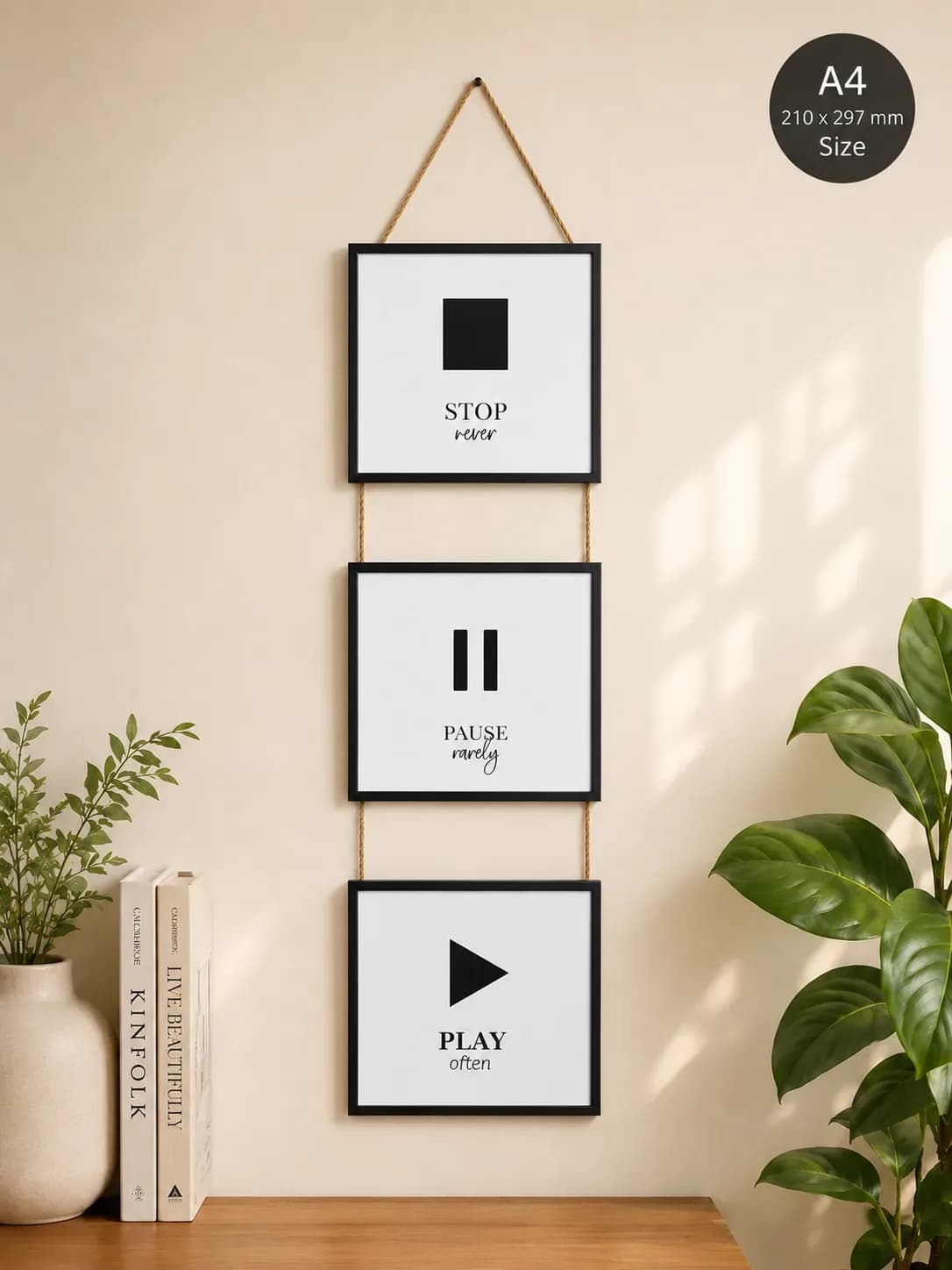 A4 Hanging Wall Frame Set – Stop Pause Play – 110cm Length