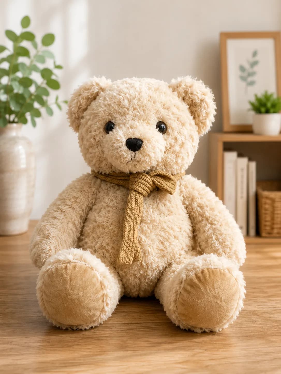 Classic Beige Teddy Bear Plush Toy with Scarf