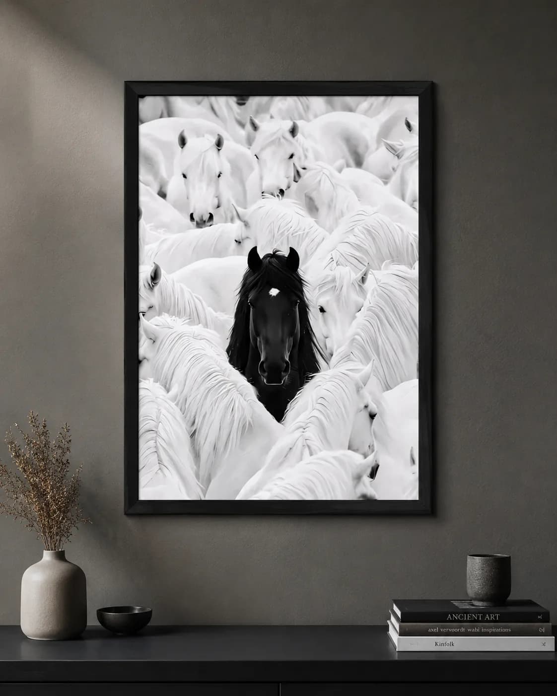 Black Horse Among White Horses – Premium Framed Wall Art