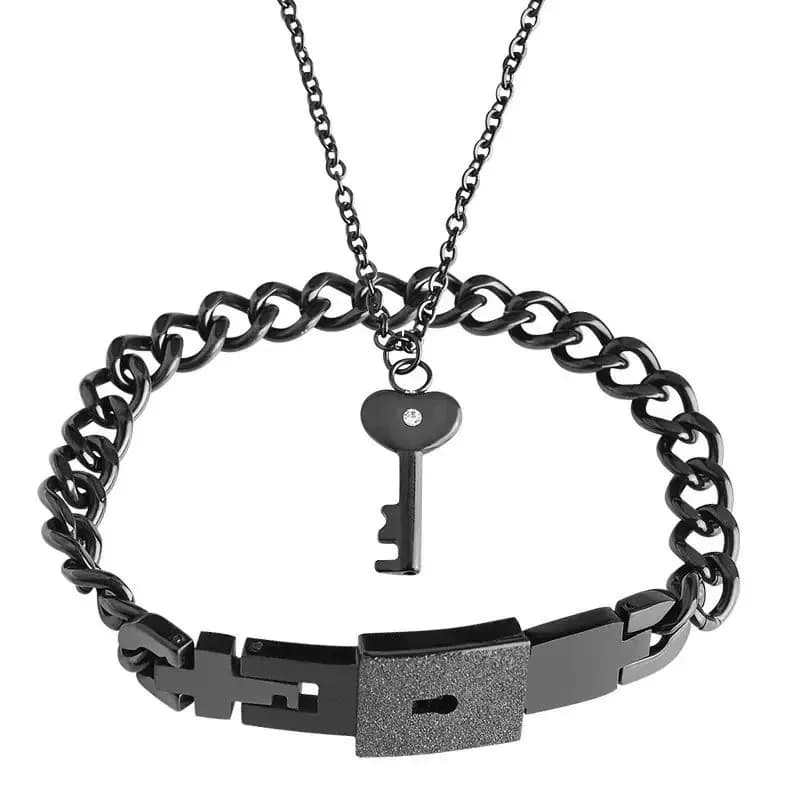 Lock & Key Necklace and Bracelet Set (Black Chain Couple Jewelry)