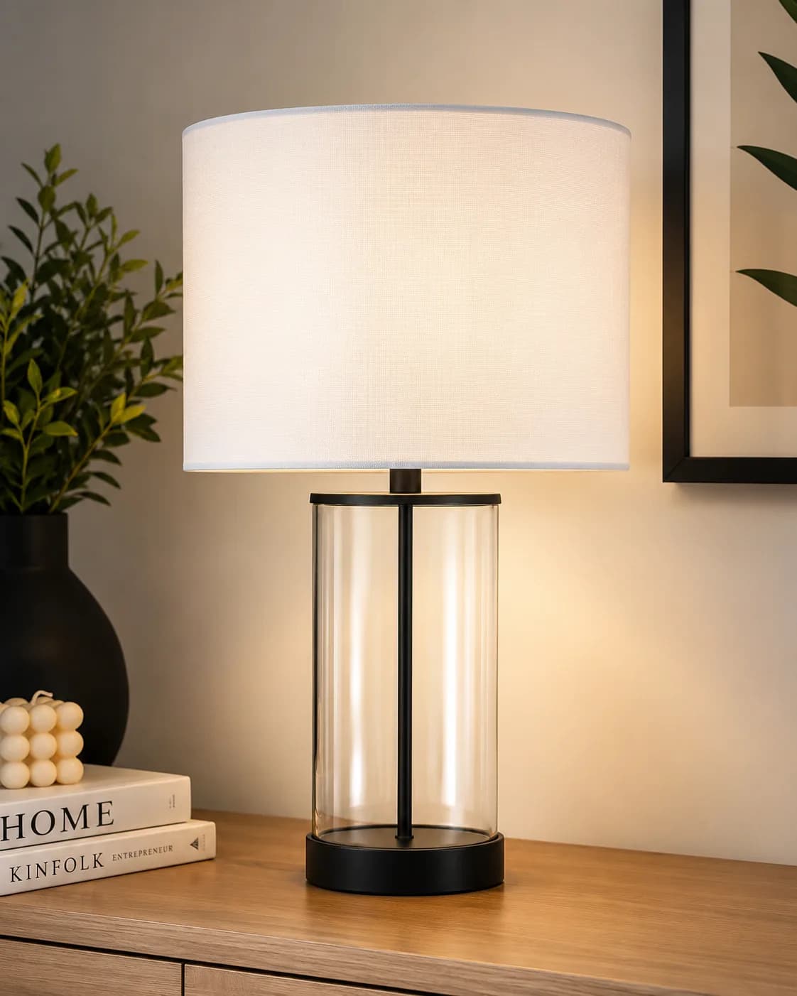 Modern Glass Table Lamp with White Fabric Shade