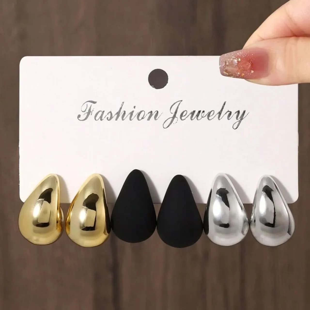 Minimalist Teardrop Stud Earrings Set (Gold, Black & Silver)