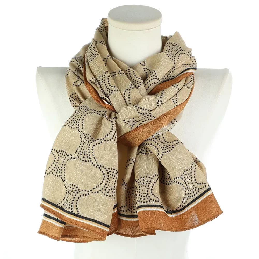 Elegant Beige Patterned Fashion Scarf with Brown Border