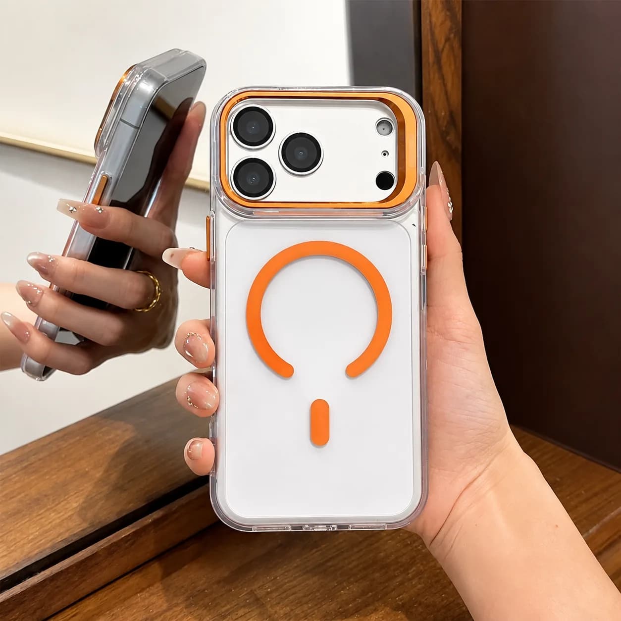 Premium Clear Magnetic Phone Case with Orange MagSafe Ring & Camera Protection