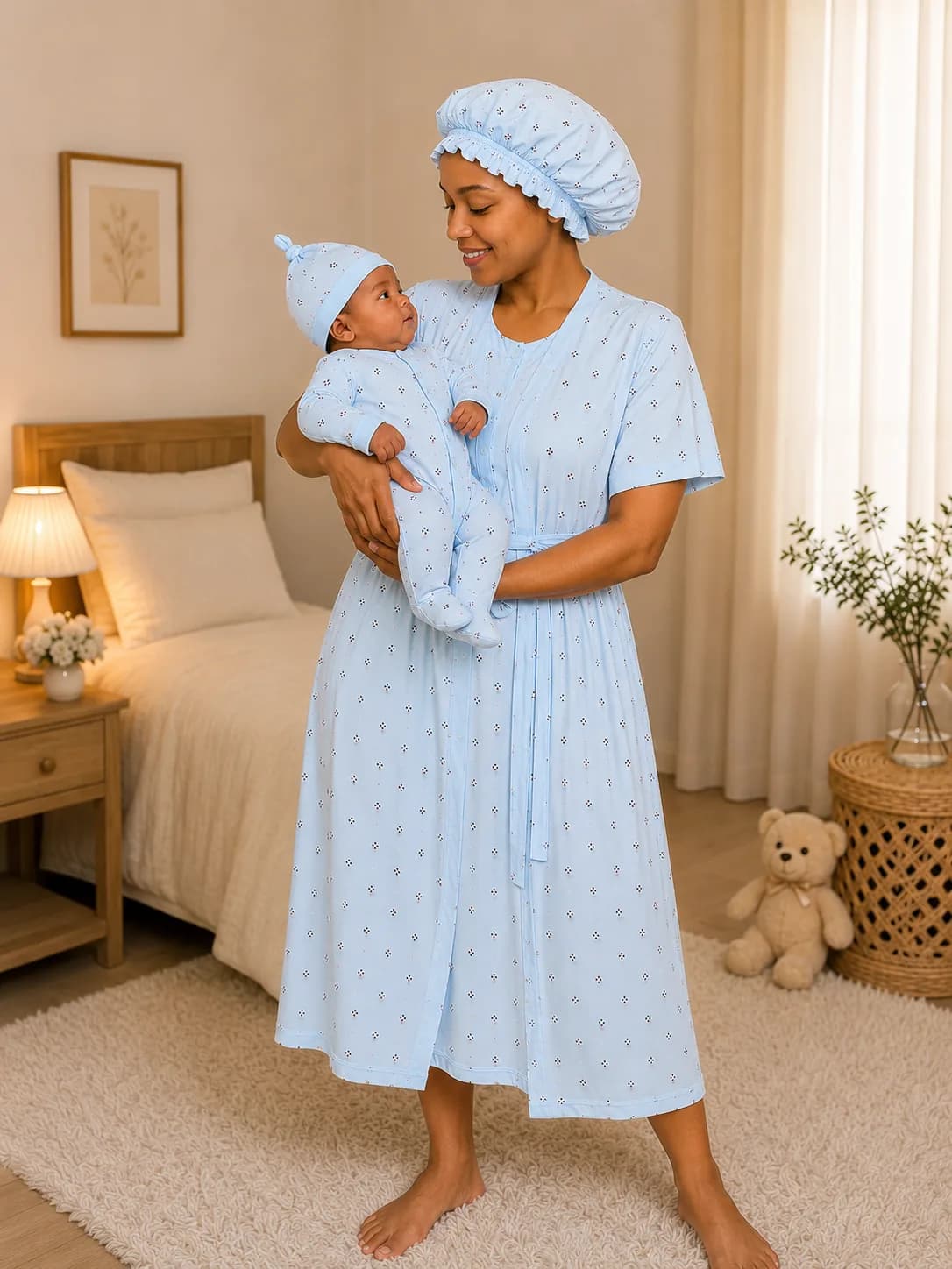 3-Piece Family Matching Sleepwear Set – Mom & Baby Pajama & Maternity Robe