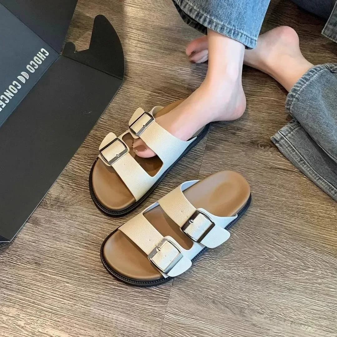 Boken Retro Thick Sole Double Buckle Flip Flops for Women Summer Simple Outside Slippers