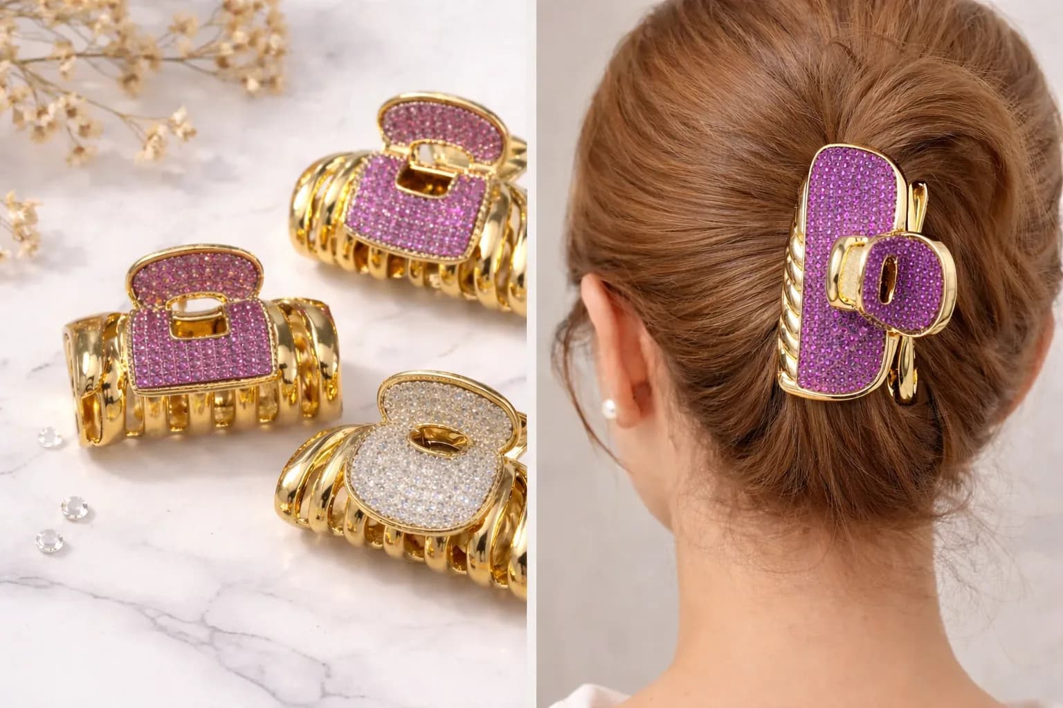 GlamShine Luxury Rhinestone Hair Claw Clips – Gold Edition (4 Pieces)