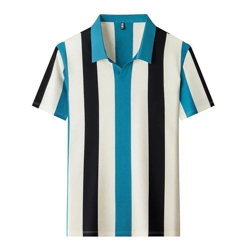 Men's Cotton Polo Shirts Short Sleeve Vertical Striped Thin T-Shirts Simple Slim Fit Man Tees