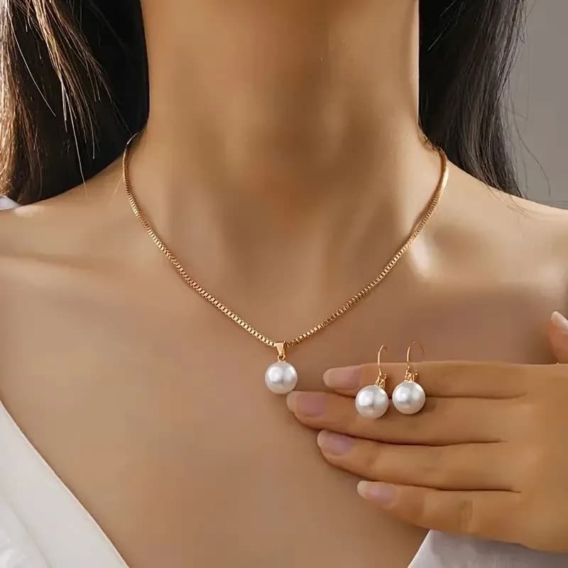 Elegant Pearl Jewelry Set (Gold Necklace & Drop Earrings) 3pcs