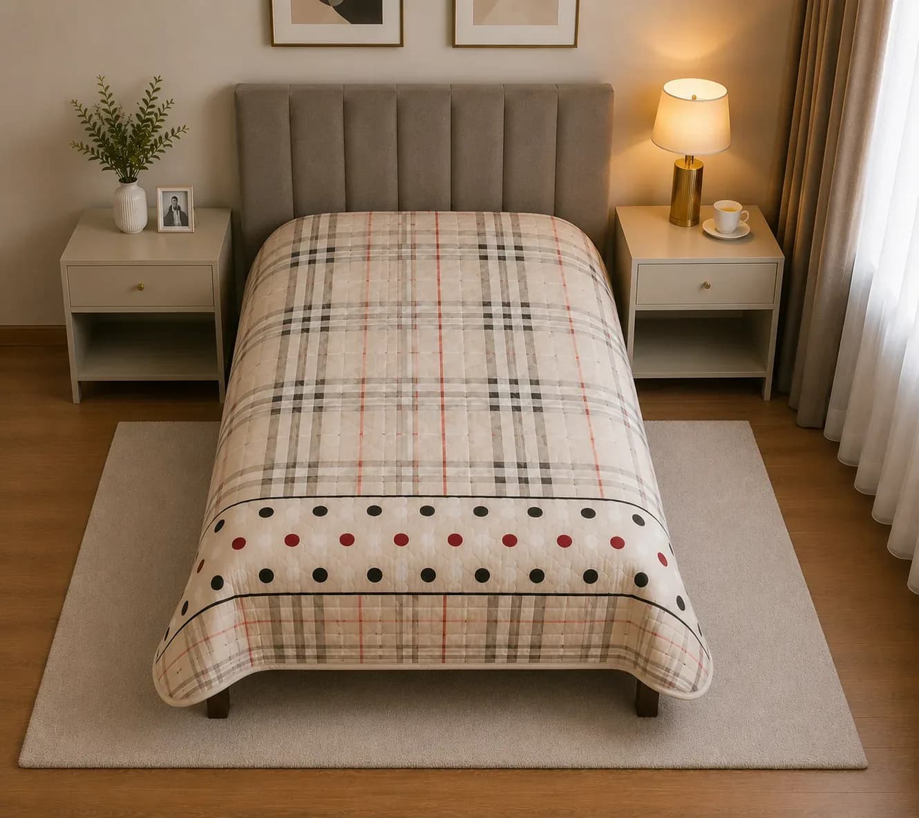 2 in 1 Reversible Quilted Bedcover – Plaid & Floral Design (140cm × 160cm)