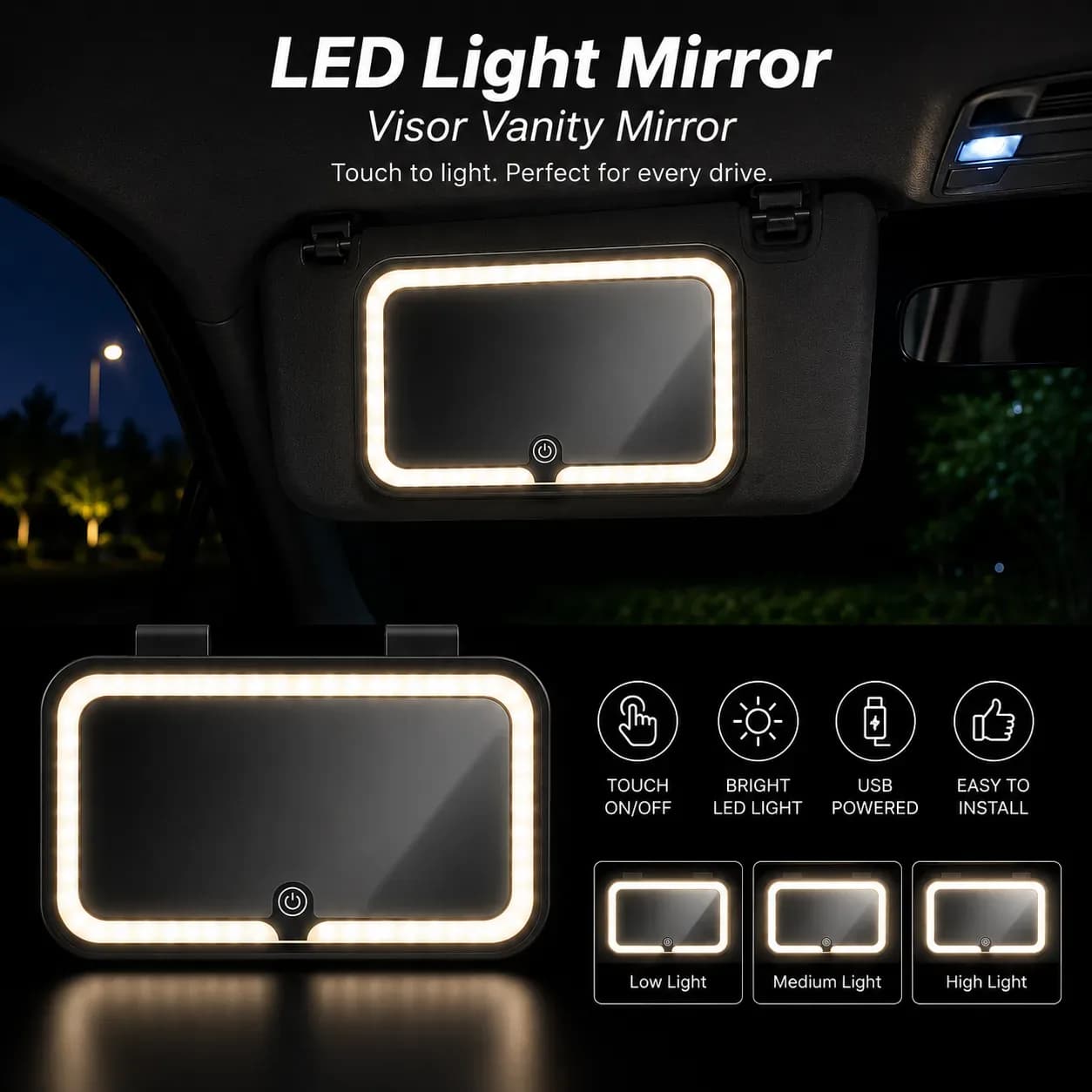 LED Vanity Mirror Light for Car Sun Visor – USB Rechargeable Makeup Mirror