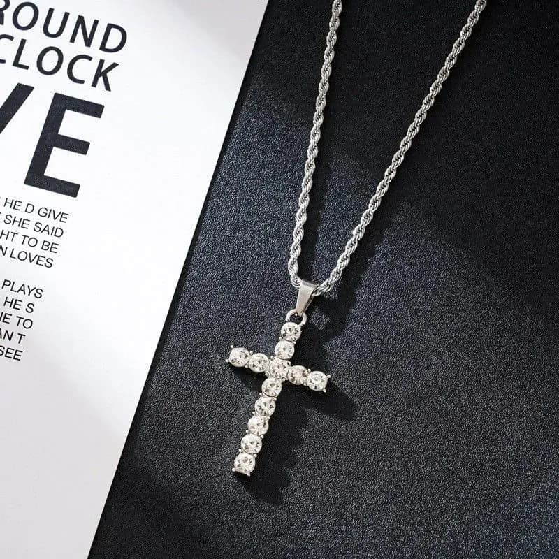 Fashion Simple Cross Necklace Silver Color Crystal Jesus Cross Pendant Necklace for Men Women