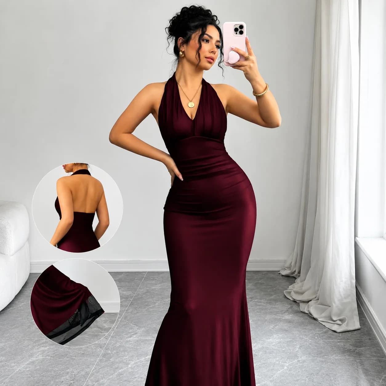 Elegant Halter Neck Mermaid Maxi Dress – Wine Red