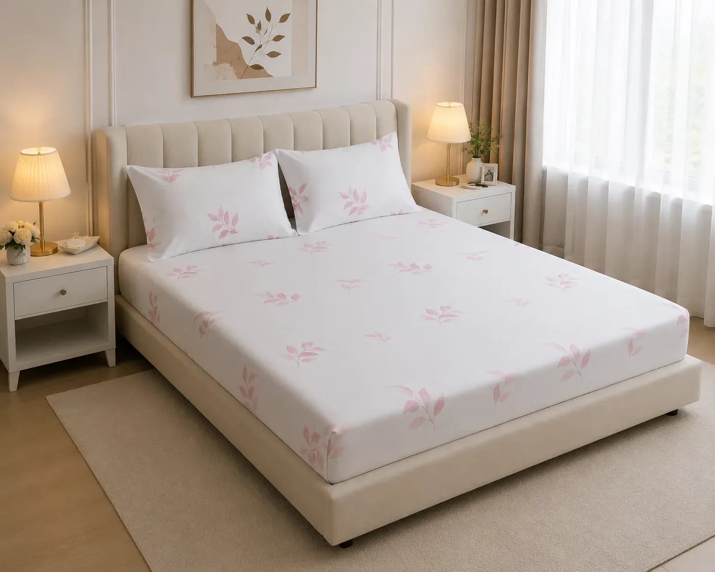 Soft Pink Leaf Bedsheet Set – 2.50m × 2.50m