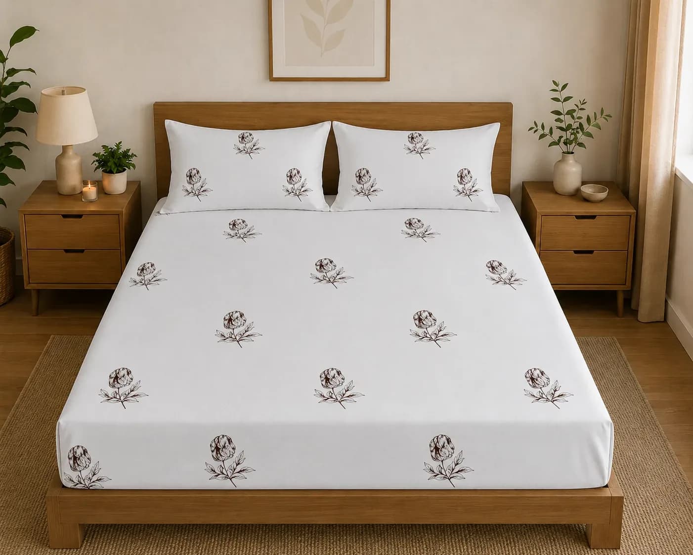 Classic White Floral Cotton Bedsheet Set with pillow covers – 2M