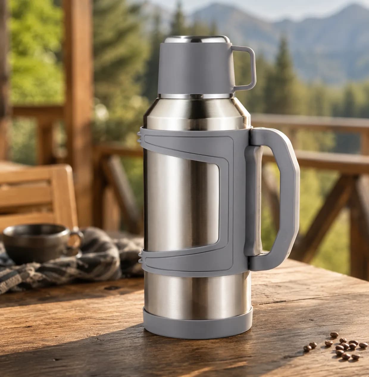 Stainless Steel Vacuum Insulated Travel Flask with Cup & Handle