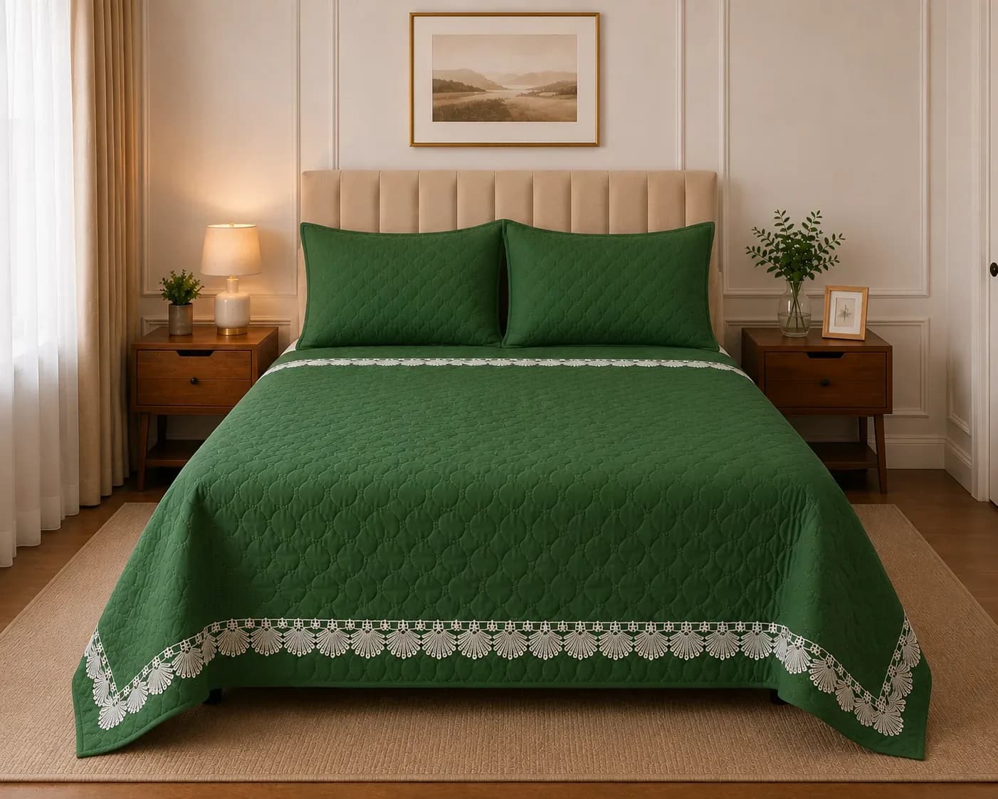 Elegant Quilted Bedcover Set with Lace Design 2.20Meter – Turquoise Blue and Green with pillow cover